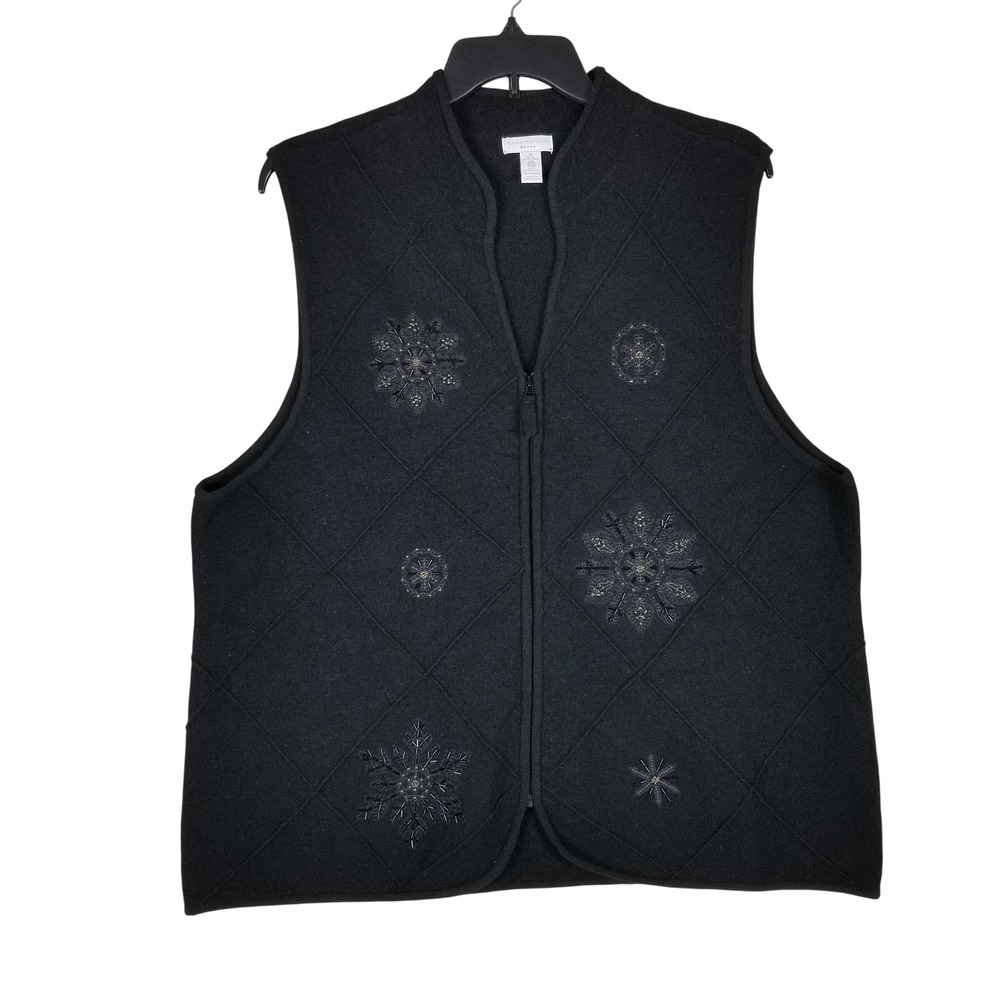 Charter Club Vest Women 3X Black Merino Wool Snowflake Beaded WFLB046
